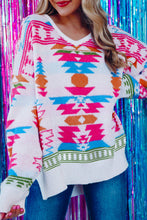 Load image into Gallery viewer, Oversize Aztec Print High Low V Neck Sweater