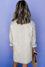 Load image into Gallery viewer, Khaki Stripe Long Sleeve Button Up Mini Shirt Dress