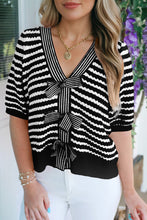 Load image into Gallery viewer, Stripe Short Sleeve Knit V Neck Bow Knot Sweater
