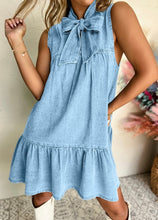 Load image into Gallery viewer, Bowknot Neck Sleeveless Ruffled Chambray Dress
