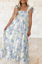 Load image into Gallery viewer, Sky Blue Floral Smocked High Waist Double Ruffle Sleeveless Long Dress