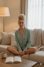 Load image into Gallery viewer, Stripe Contrast Ricrac Trim Long Sleeve Shirt Drawstring Ruffled Pajama Short Set