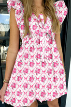 Load image into Gallery viewer, Bow Lattice Floral Print V Neck Knot Decor Mini Dress