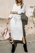 Load image into Gallery viewer, Striped V Neck Top and Side Slits Skirt Set