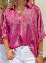 Load image into Gallery viewer, Collared V Neck Half Sleeve Metallic Top