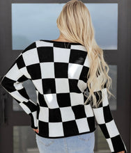 Load image into Gallery viewer, Checked Notched Neckline Drop Shoulder Knit Sweater