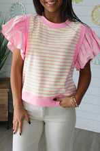Load image into Gallery viewer, Stripe Ruffled Short Sleeve Patchwork Blouse
