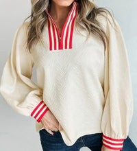 Load image into Gallery viewer, Textured Knit Contrast Striped Accent Zipped Collar Pullover Top