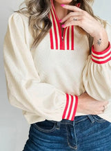 Load image into Gallery viewer, Textured Knit Contrast Striped Accent Zipped Collar Pullover Top