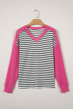 Load image into Gallery viewer, Stripe Textured Knit Twisted Rib Contrast Patchwork V Neck Long Sleeve Top