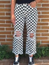 Load image into Gallery viewer, Checkered Print Distressed Raw Edge Cropped Jeans