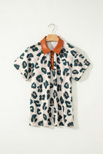 Load image into Gallery viewer, Leopard Print faux leather Collar Short Sleeve Top