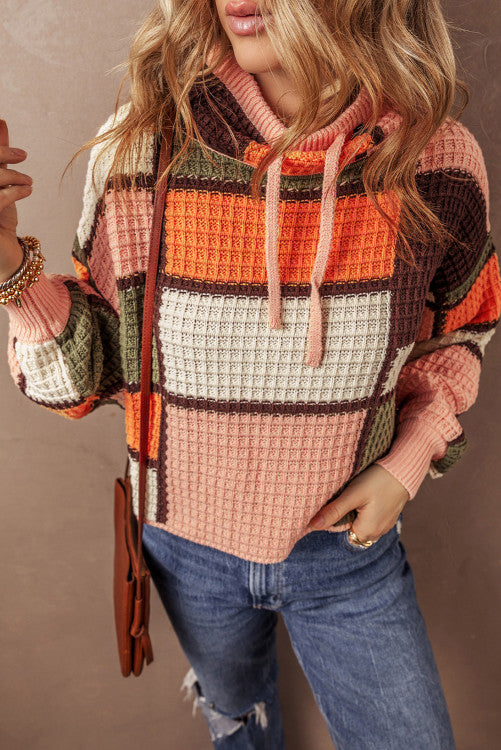 Waffle Texture Knit Ribbed High Neck Drop Shoulder Sweater main image 0