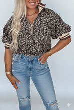 Load image into Gallery viewer, Leopard Print Half Zip Striped Trim Patchwork Short Sleeve Top
