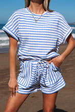 Load image into Gallery viewer, Stripe Knit Short Sleeve Top and Drawstring Shorts Set