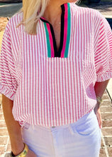 Load image into Gallery viewer, Sachet Pink Striped Print Contrast Split Neck Dolman Sleeve Blouse