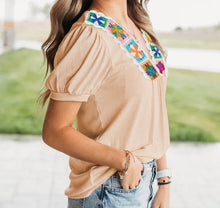 Load image into Gallery viewer, Crochet Floral V Neck Textured Short Sleeve Blouse
