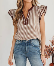 Load image into Gallery viewer, Stripe Double Ruffled Short Sleeve V Neck Blouse