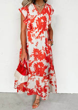 Load image into Gallery viewer, Floral Print Trimmed V Neck Ruffle Sleeve Long Dress