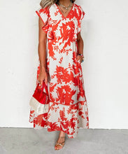 Load image into Gallery viewer, Floral Print Trimmed V Neck Ruffle Sleeve Long Dress