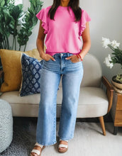 Load image into Gallery viewer, Ribbed Trim Round Neck Ruffle Short Sleeve Sweater