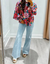 Load image into Gallery viewer, Floral Printed Balloon Sleeve Half Buttons Blouse