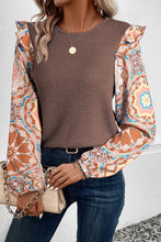Load image into Gallery viewer, Ruffled Floral Sleeve Patchwork Waffle Knit Blouse