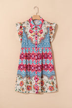 Load image into Gallery viewer, Mixed Pattern Ruffle Flutter Sleeve Buttoned Dress