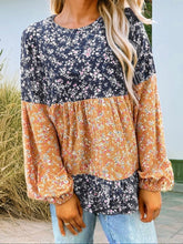 Load image into Gallery viewer, Color Block Patchwork Ruffled Hem Round Neck Blouse