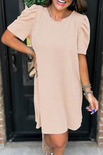 Load image into Gallery viewer, Corded Knit Crew Neck Puff Sleeve Shift Mini Dress