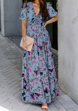 Load image into Gallery viewer, Floral Print Frilled V Neck Short Sleeve Maxi Dress