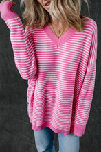 Load image into Gallery viewer, Pink Striped Scallop V Neck Loose Sweater with Slits