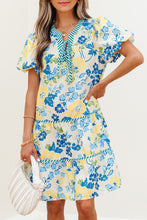 Load image into Gallery viewer, Floral Striped Trim Puff Short Sleeve Dress