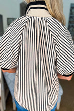 Load image into Gallery viewer, Stripe Polo Collar Half Zip Short Puff Sleeve Blouse