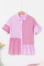 Load image into Gallery viewer, Pink Stripe Striped Patchwork Ruffled Hem Button up Shirt