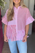 Load image into Gallery viewer, Pink Stripe Striped Patchwork Ruffled Hem Button up Shirt