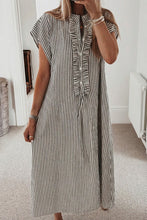 Load image into Gallery viewer, Stripe Frilled Detail Half Buttons Short Sleeve Long Dress