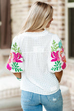 Load image into Gallery viewer, Floral Embroidered Puff Sleeve Notched Neck Blouse