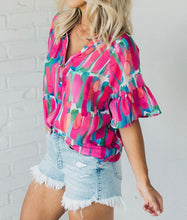 Load image into Gallery viewer, Abstract Brushwork Print Buttoned V Neck Blouse