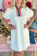 Load image into Gallery viewer, Textured Jacquard Colorblock Edge Puff Sleeve Quarter Zip Mini Dress