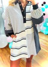 Load image into Gallery viewer, Stripe Colorblock Knit Henley Collar Shift Long Sleeve Mini Dress