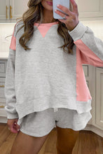 Load image into Gallery viewer, Grey Color Block Raw Hem Pullover and Casual Shorts Set