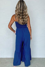 Load image into Gallery viewer, Blue Spaghetti Straps Smocked Ruffled Wide Leg Jumpsuit