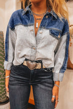 Load image into Gallery viewer, Color Block Patchwork Flap Detail Distress Denim Jacket