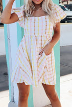 Load image into Gallery viewer, Plaid Print Square Neck Puff Sleeve Skater Dress