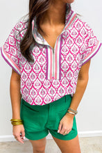 Load image into Gallery viewer, Print Zipped Collar Short Sleeve Summer Blouse Top
