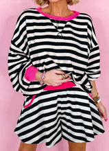 Load image into Gallery viewer, Stripe Contrast Ribbed Banding Long Sleeve Blouse Loose Shorts Set