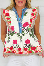 Load image into Gallery viewer, Floral Print Striped Detail Flutter Sleeve Blouse