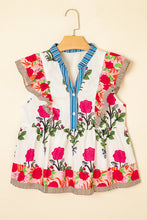 Load image into Gallery viewer, Floral Print Striped Detail Flutter Sleeve Blouse