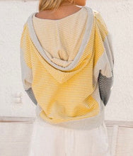 Load image into Gallery viewer, Yellow Stripe Color Block Drawstring V Neck Loose Fit Hooded Top